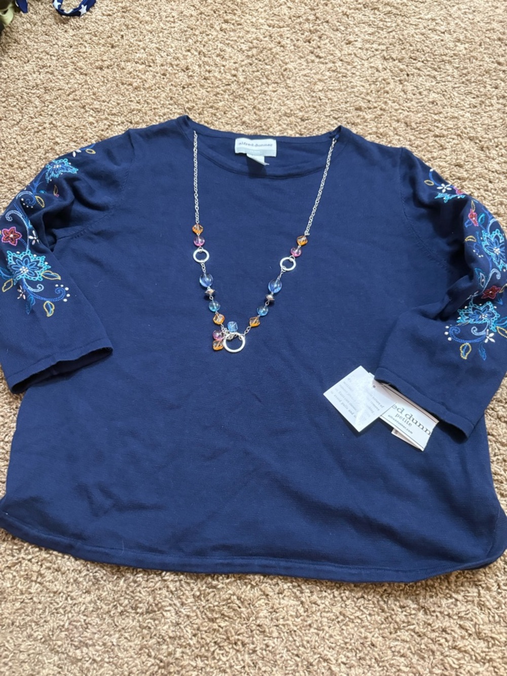 Alfred Dunner Navy Embroidered Sleeve Tunic Top